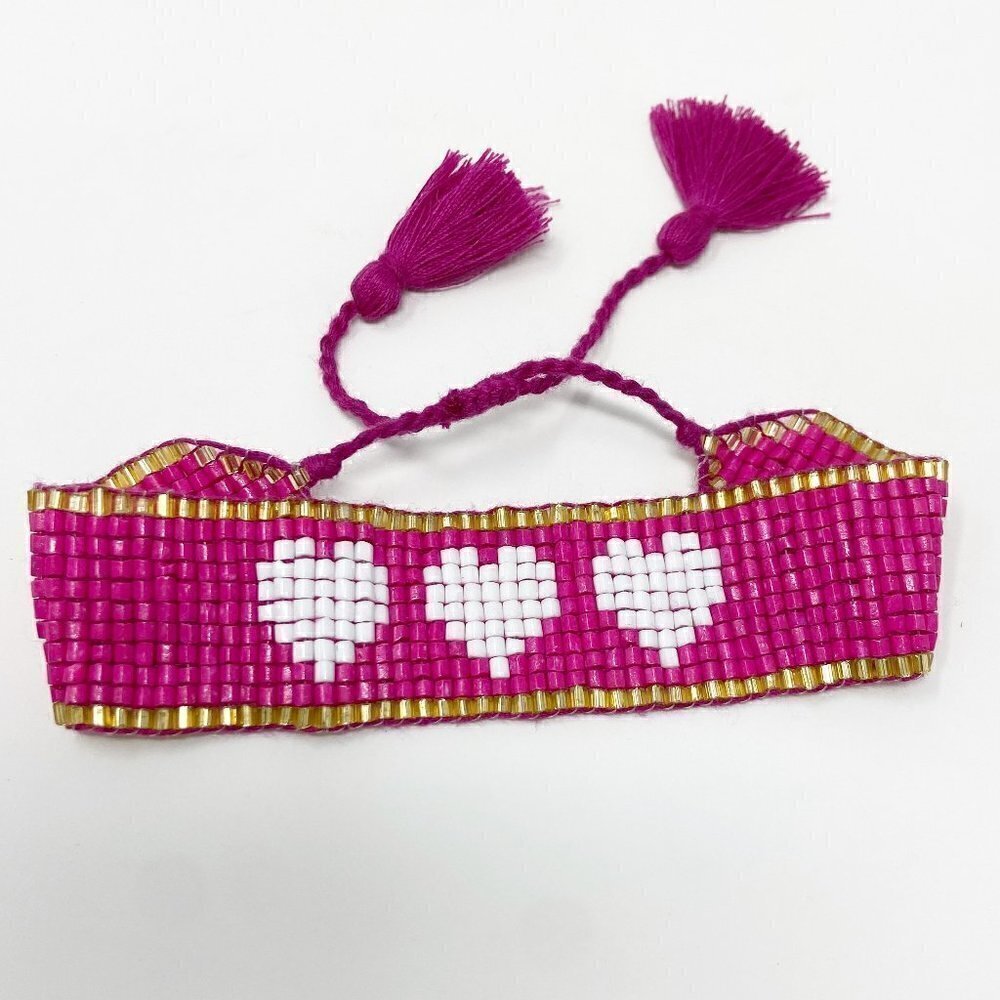 Hot Pink Seed Bead Adjustable Cinch Hearts Bracelet
